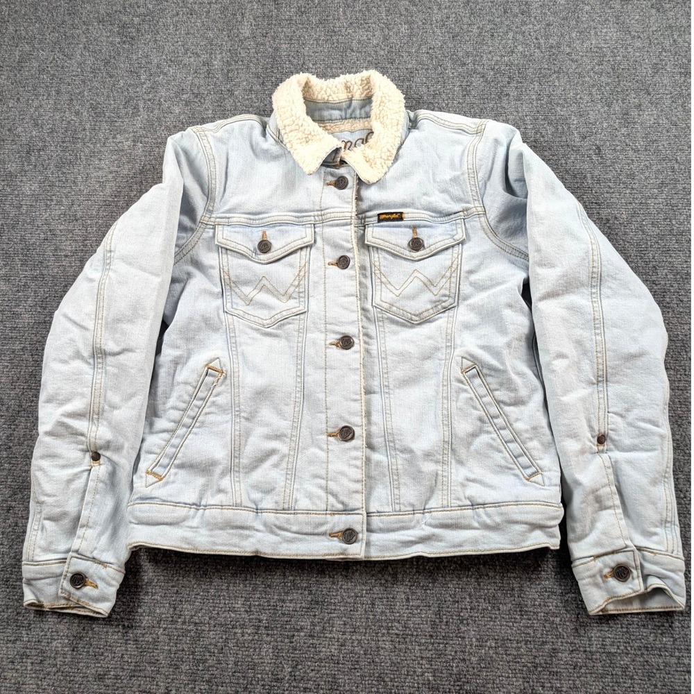 Wrangler Womens Light Wash Sherpa Lined Denim Jacket Western Blue Size M